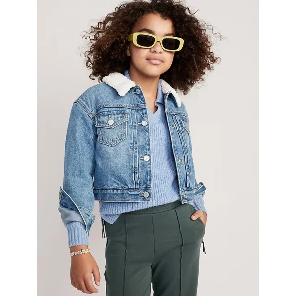 Old Navy Girls 90s Sherpa Lined Jean Trucker Cropped Blue Denim Jacket L 10/12